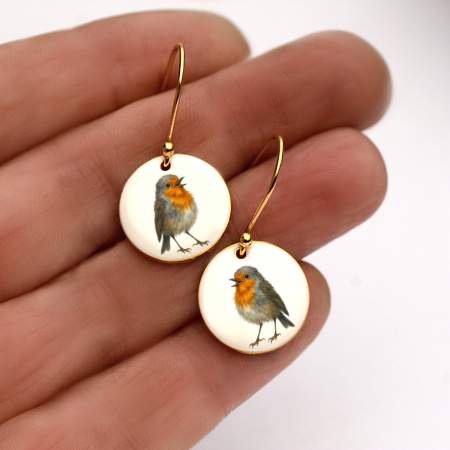 Rotkehlchen Emaille Ohrringe. 925 Sterling Silber vergoldet