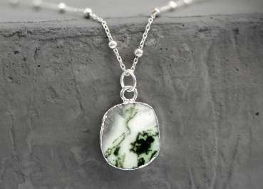 Small moss agate sterling silver pendant necklace. Raw tree agate on ball chain.