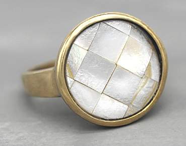Mother of pearl mosaic ring. 18k gold plated adjustable statement ring.