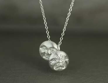 Happy Moon / Sad Moon. Double pendant necklace. Sterling silver.