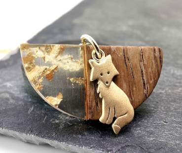 FOREST FOX Necklace. 18k sterling. Small fox on wood, resin & gold flakes.