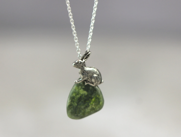 Bunny rabbit on wyoming jade. Dainty silver necklace.