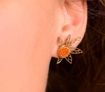 Orange Jade Ear Jackets. Gold over sterling front back studs. Vintage flower stones.