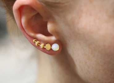 Waxing Moon and genuine vintage opal ear climbers. Tiny gold opal stud earrings. Moon phases earrings. Celestial gift for her.