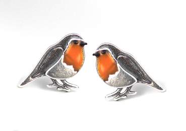 Red robin bird stud earrings. Small robin birds with orange enamel. Sterling silver