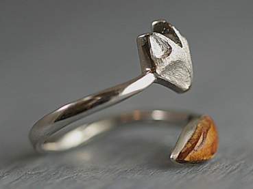 925 Sterling and oak wood wrap fox ring