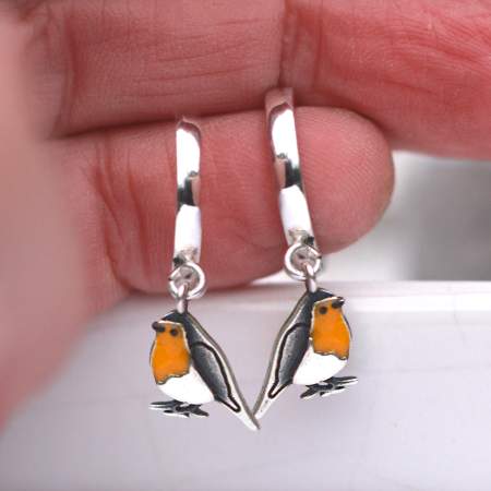 925 Sterling Silver Red Robin Hoop Earrings. Bird Charm Earrings with Orange Enamel