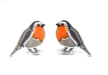 Red robin bird stud earrings. Small robin birds with orange enamel. Sterling silver