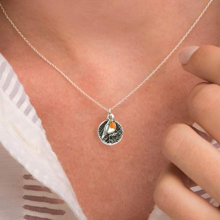 Dainty red robin leaf necklace. 925 sterling silver & orange enamel