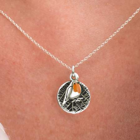 Dainty red robin leaf necklace. 925 sterling silver & orange enamel