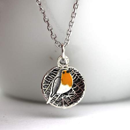 Dainty red robin leaf necklace. 925 sterling silver & orange enamel