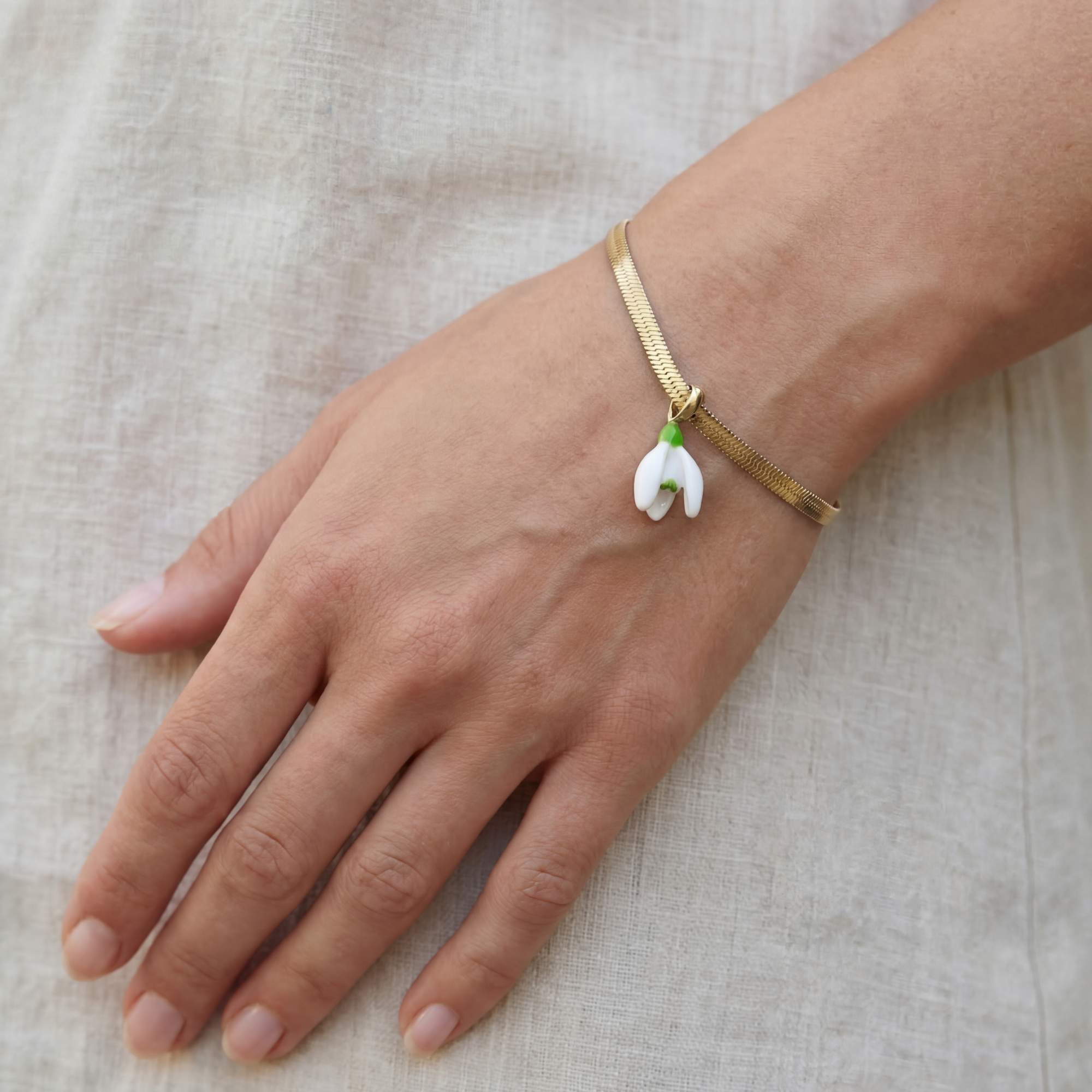 Snowdrop Bracelet. Never Fades. 18k Gold Plated and White & Green Enamel
