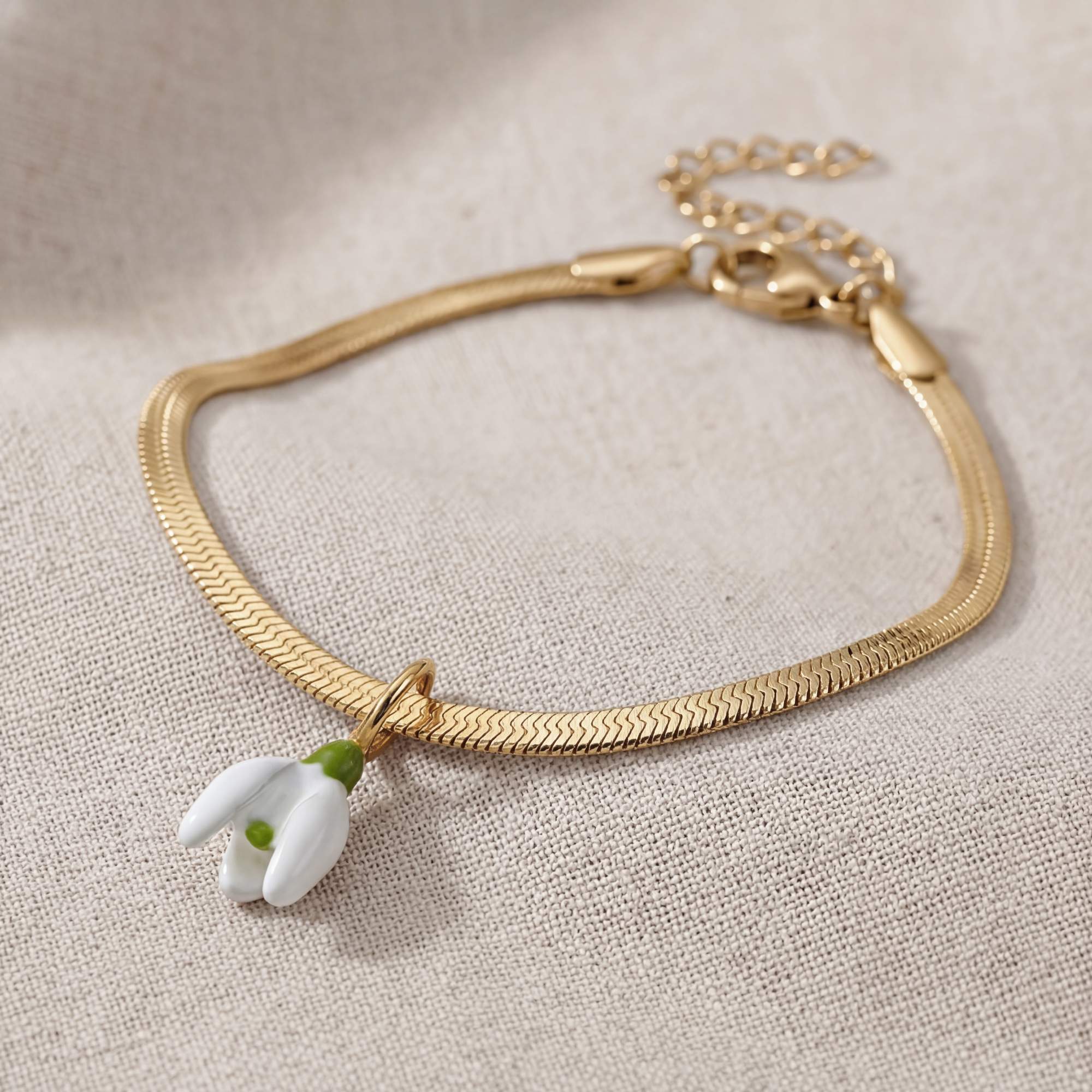 Snowdrop Bracelet. Never Fades. 18k Gold Plated and White & Green Enamel