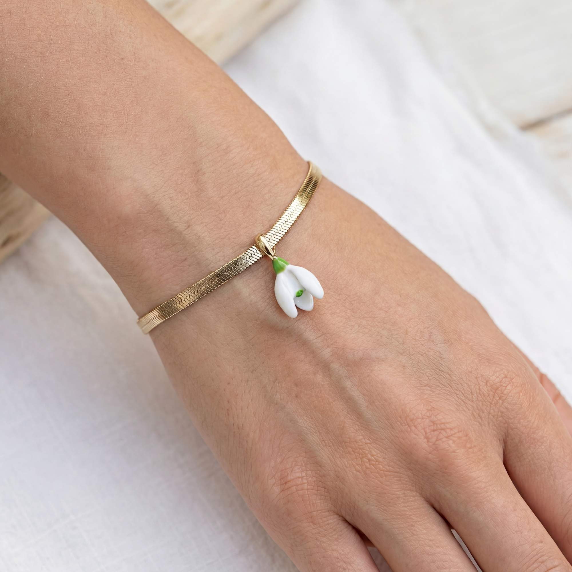 Snowdrop Bracelet. Never Fades. 18k Gold Plated and White & Green Enamel