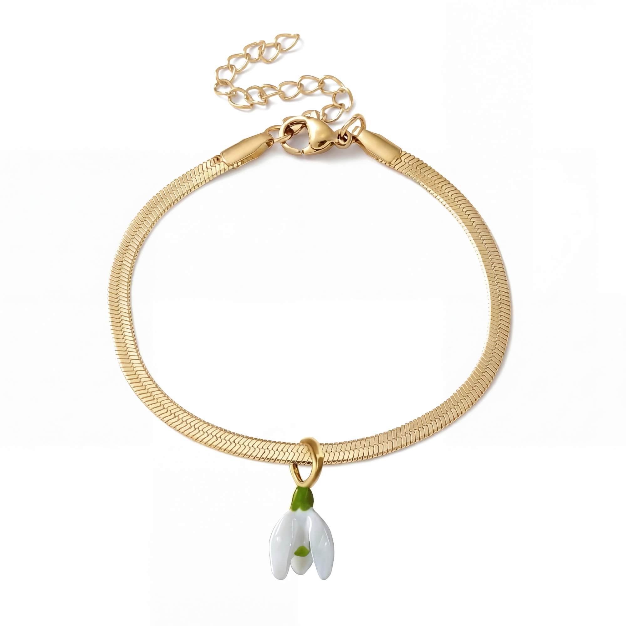 Snowdrop Bracelet. Never Fades. 18k Gold Plated and White & Green Enamel