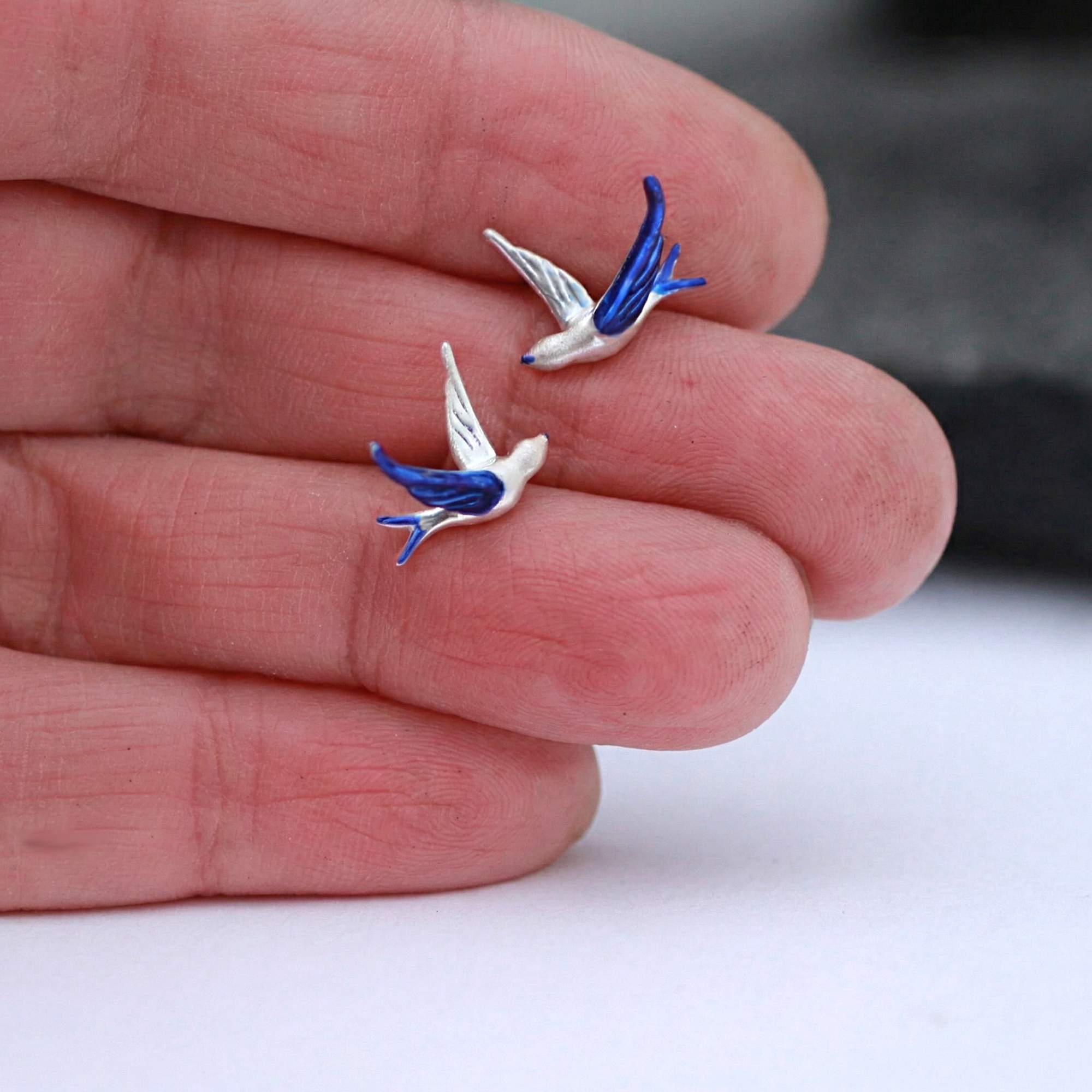 Blue Swallow Stud Earrings Sterling Silver