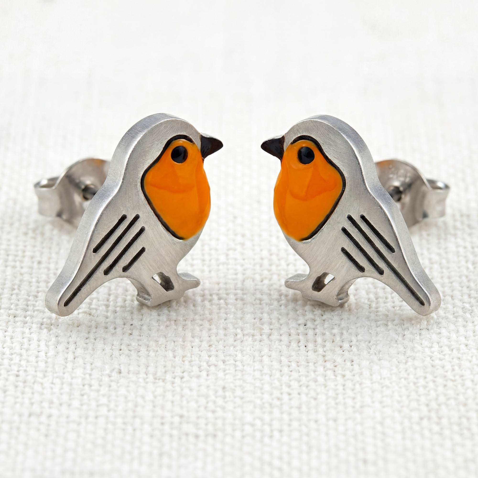 Red Robin Bird Studs - orange enamel & stainless steel