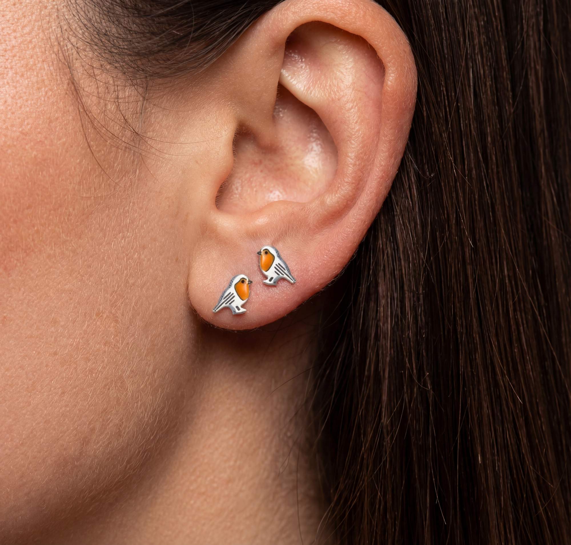 Red Robin Bird Studs - orange enamel & stainless steel