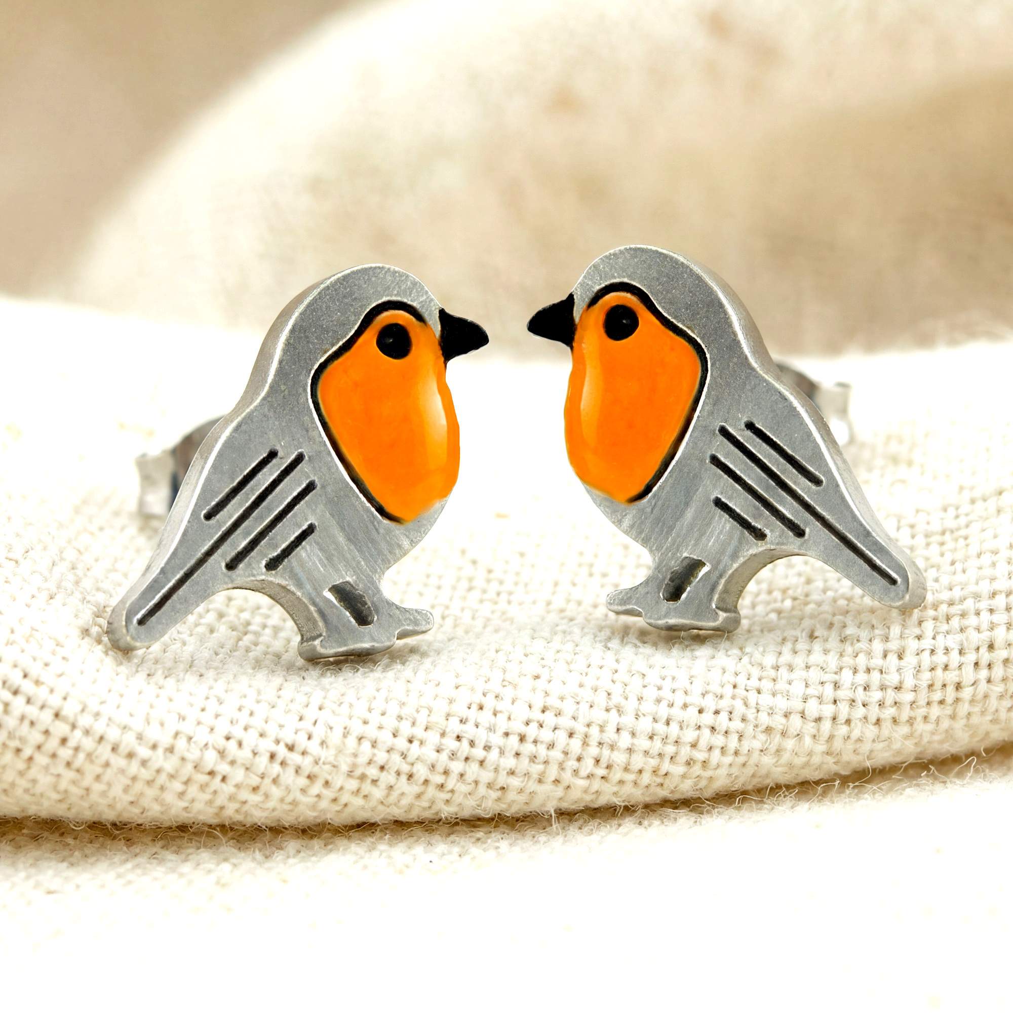 Red Robin Bird Studs - orange enamel & stainless steel