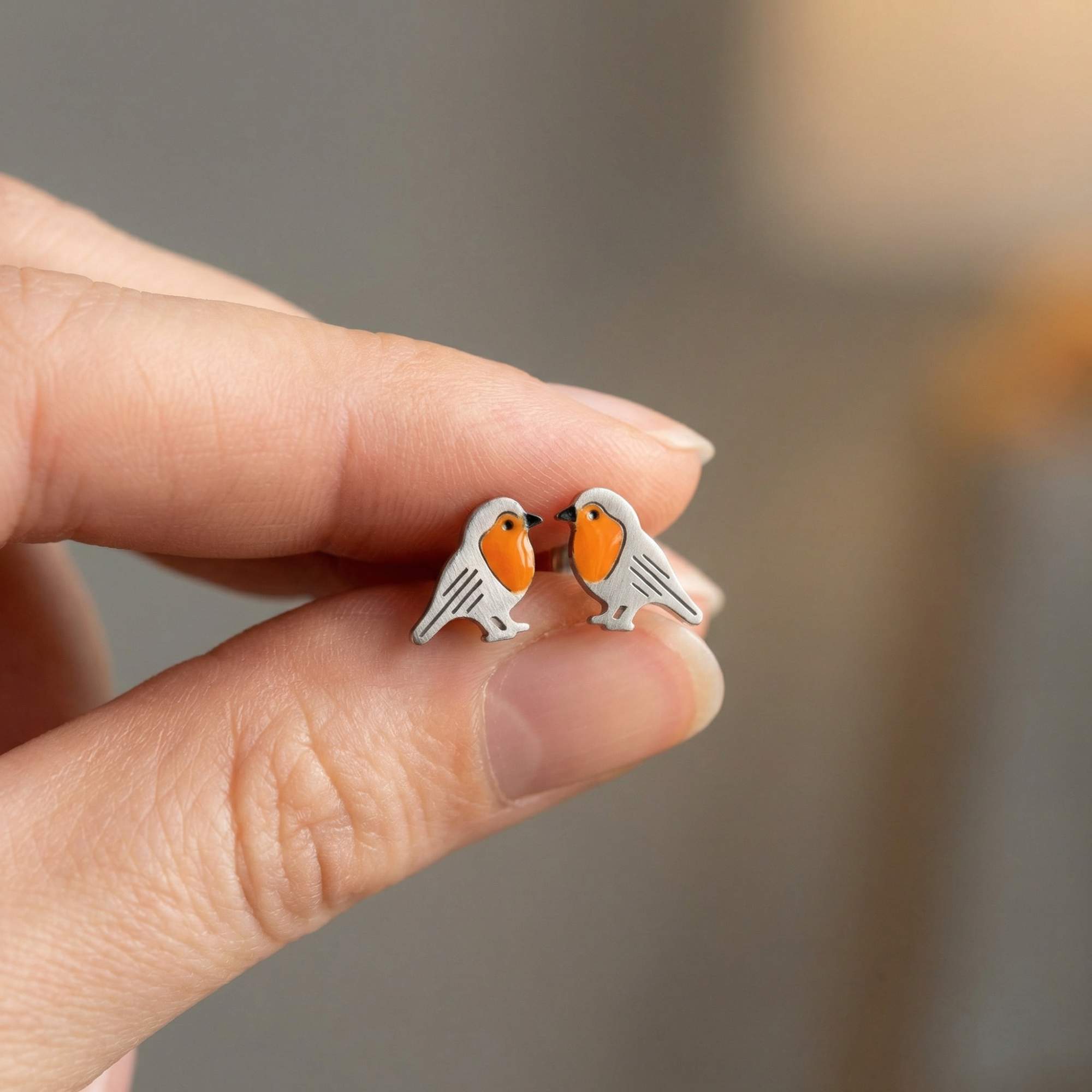 Red Robin Bird Studs - orange enamel & stainless steel