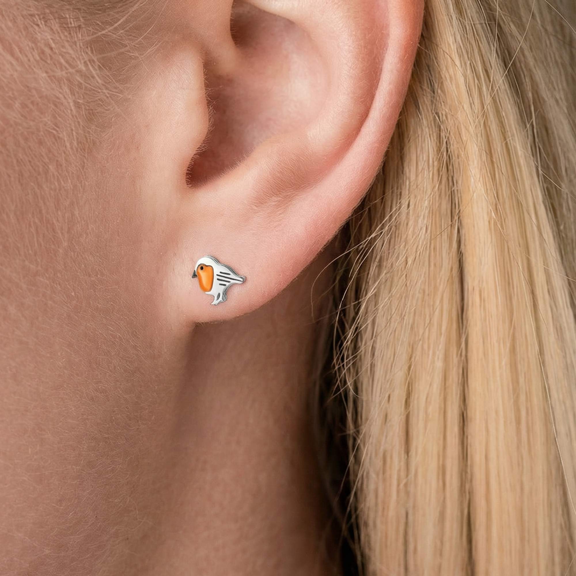 Red Robin Bird Studs - orange enamel & stainless steel