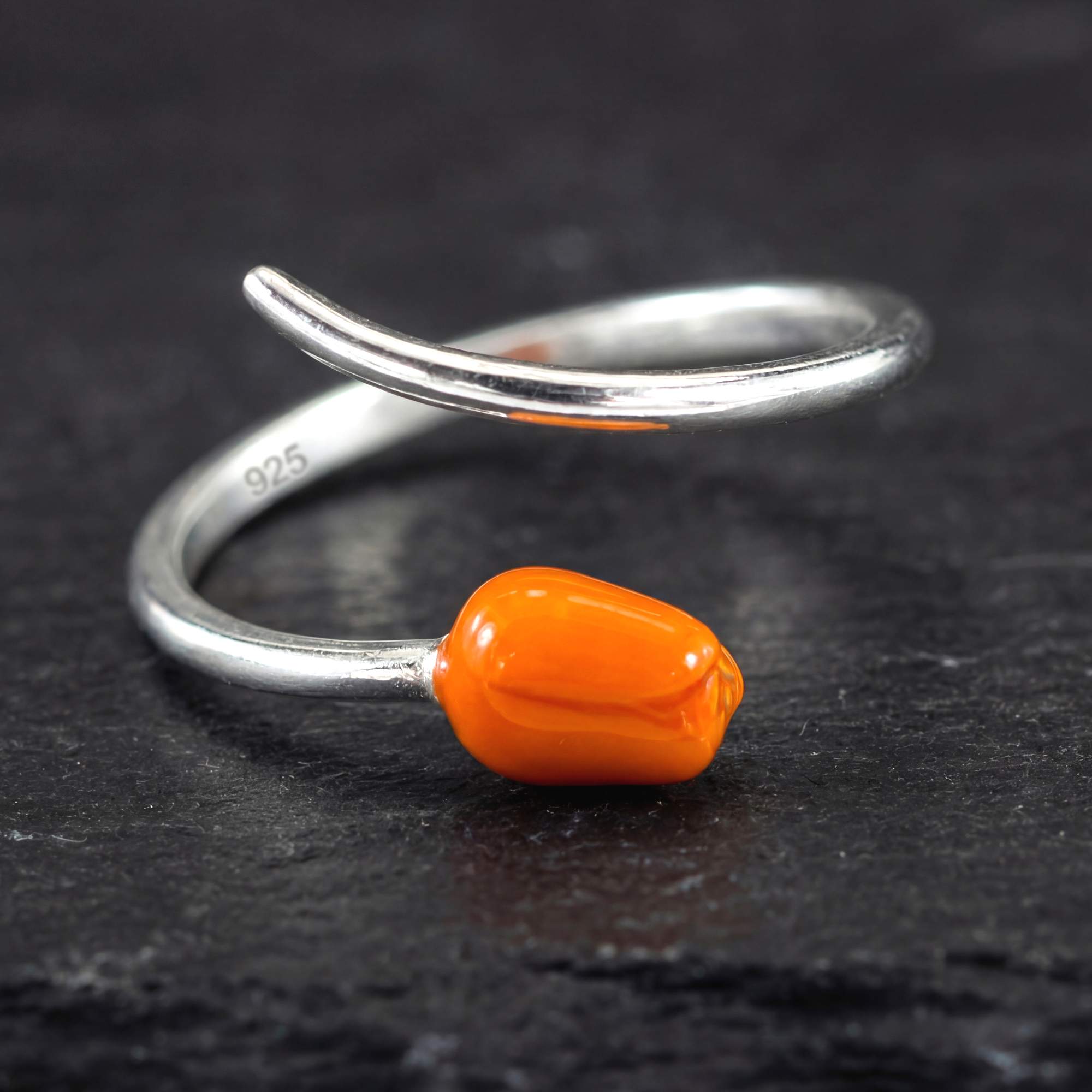 Tulpenring aus 925 Silber, verstellbarer Ring mit orangefarbener Emaille-Tulpe