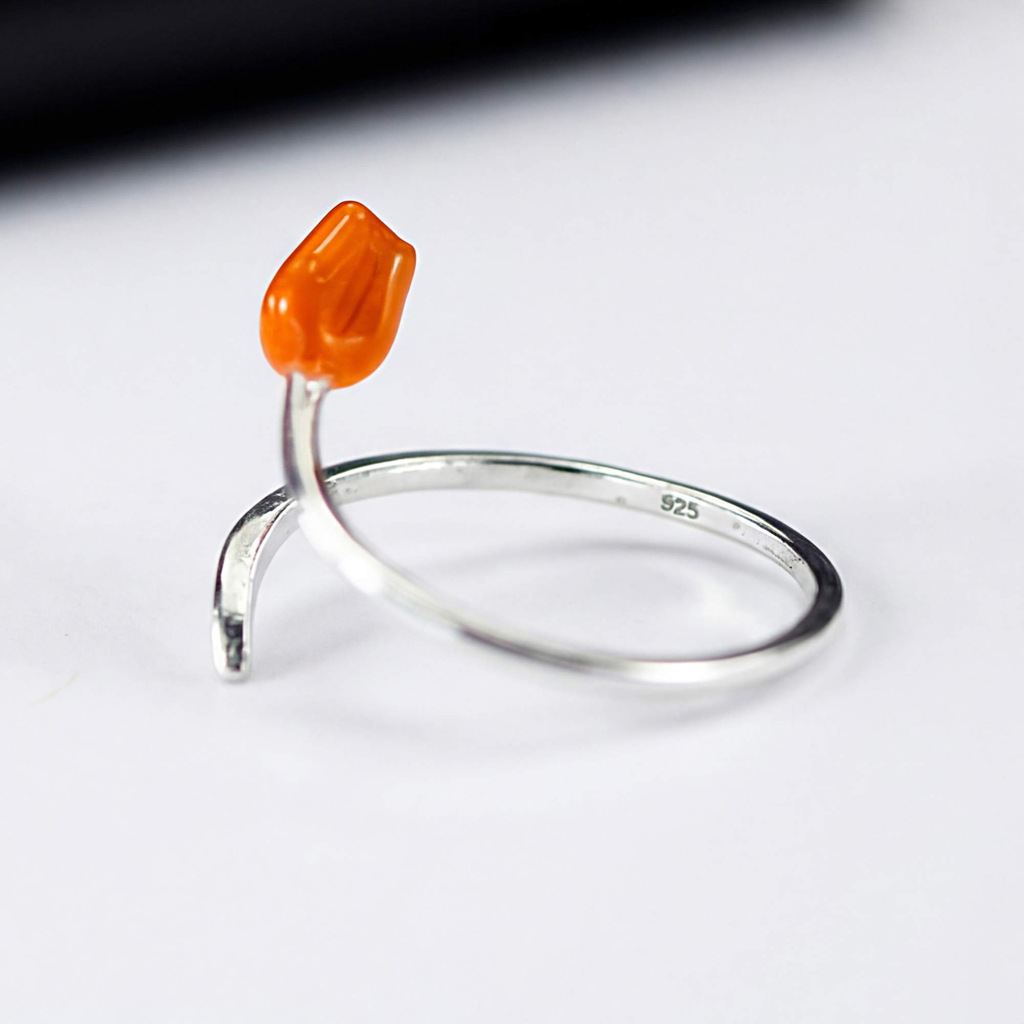 Tulpenring aus 925 Silber, verstellbarer Ring mit orangefarbener Emaille-Tulpe