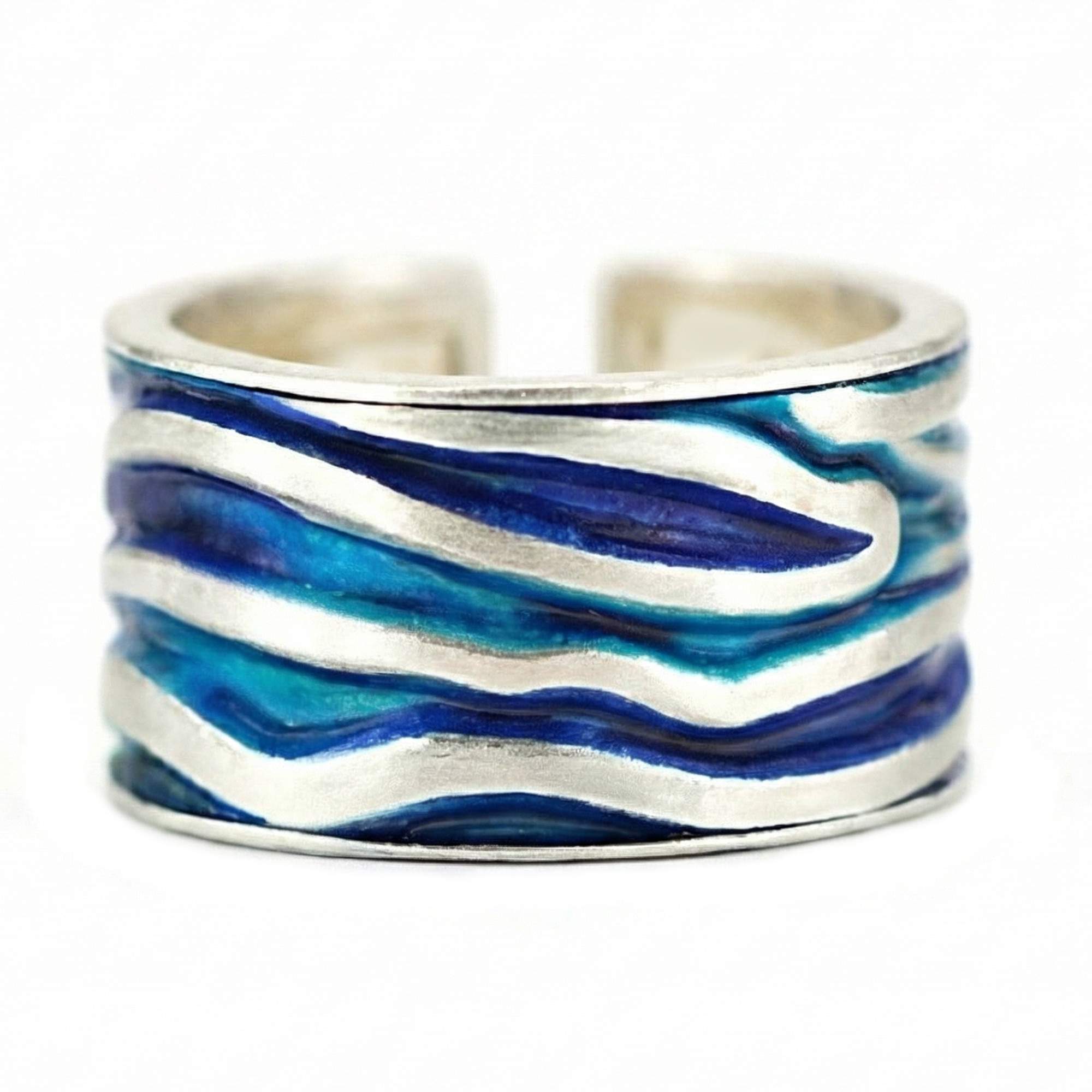 MEERES Ring. Sterling Silber Wellen Ring mit türkis blauer Emaille.
