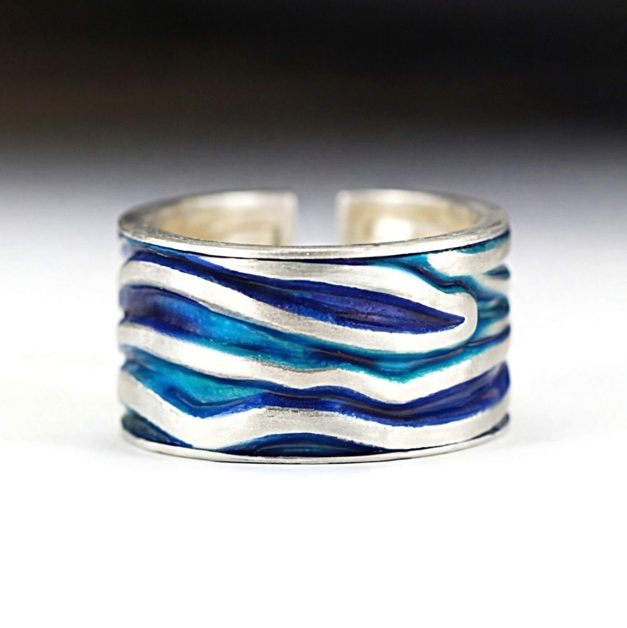MEERES Ring. Sterling Silber Wellen Ring mit türkis blauer Emaille.