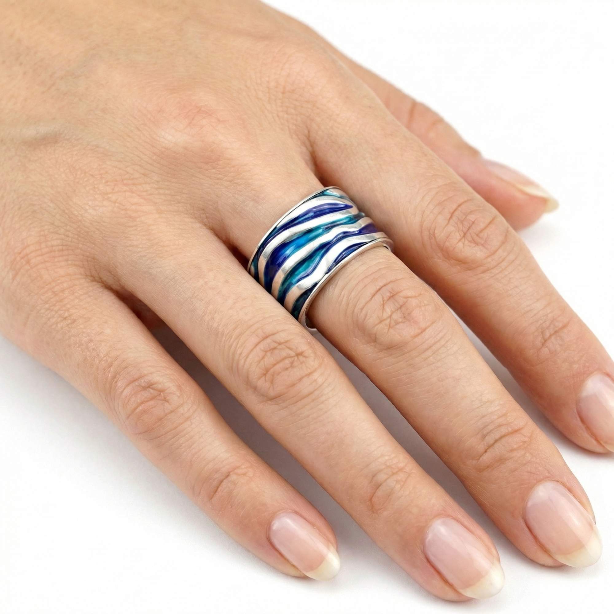 MEERES Ring. Sterling Silber Wellen Ring mit türkis blauer Emaille.