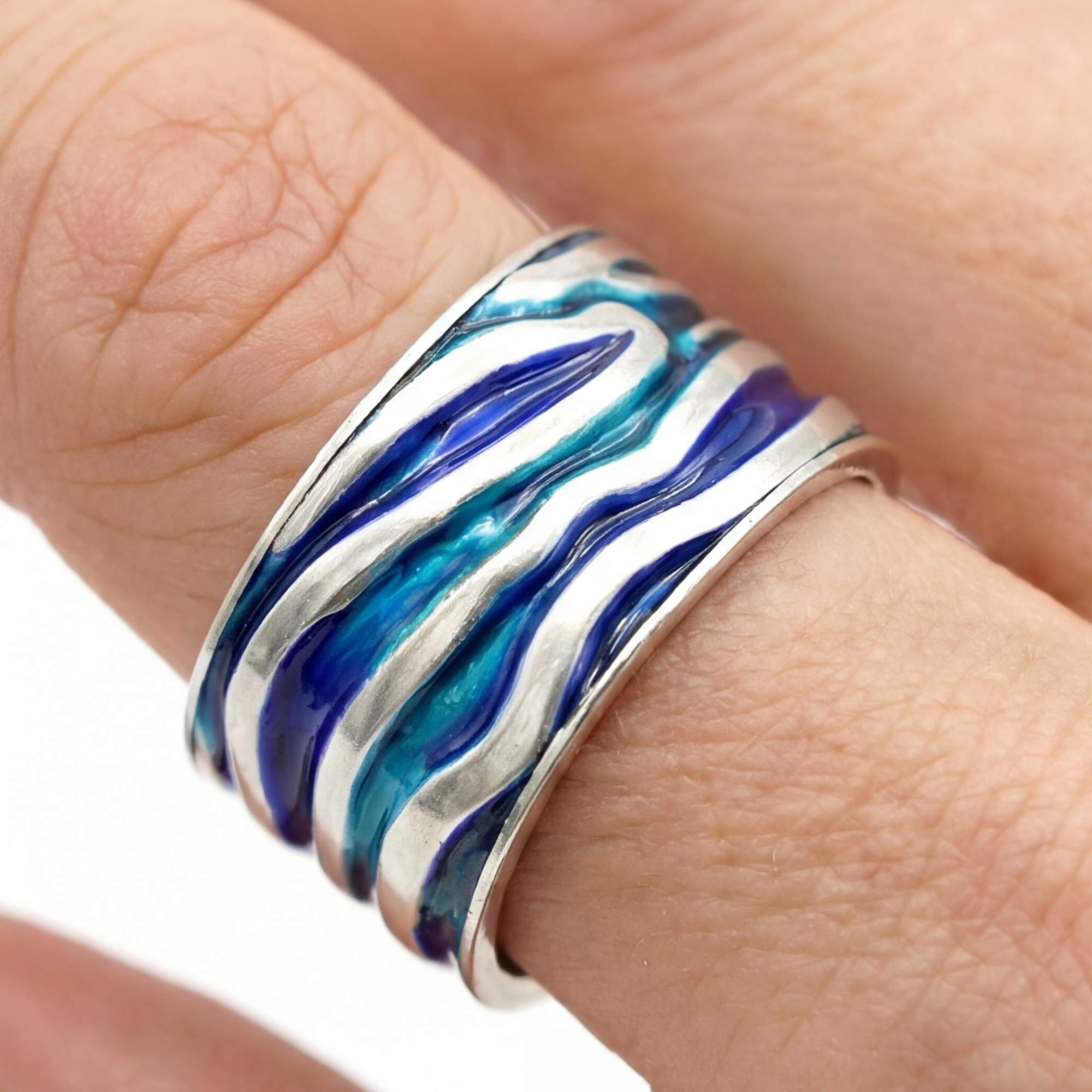 MEERES Ring. Sterling Silber Wellen Ring mit türkis blauer Emaille.