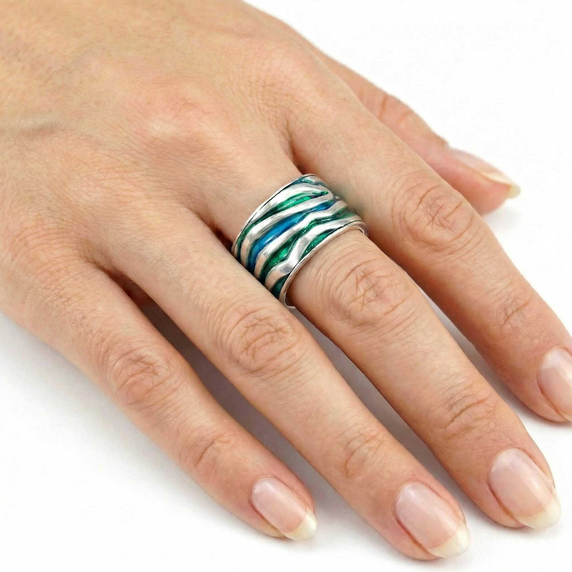 MEERES Ring. Sterling Silber Wellen Ring mit grün blauer Emaille