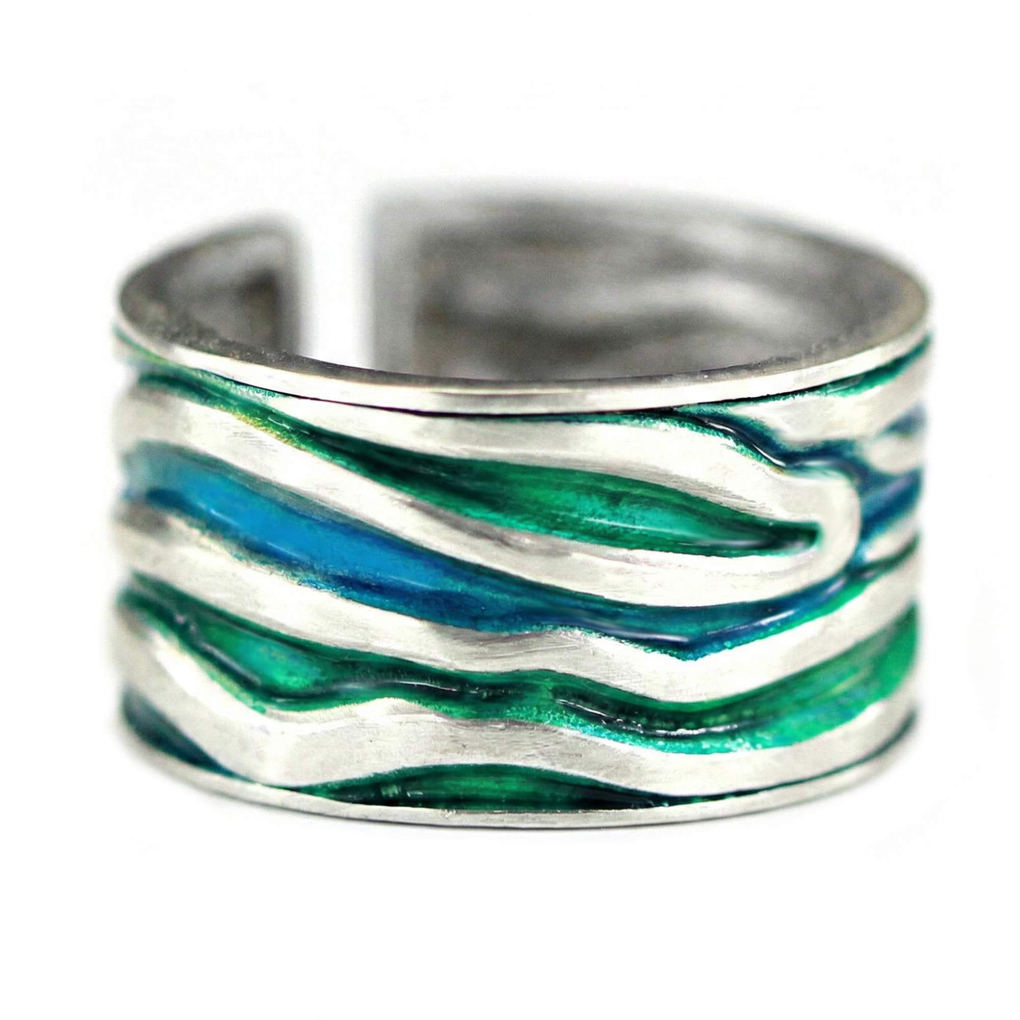 MEERES Ring. Sterling Silber Wellen Ring mit grün blauer Emaille