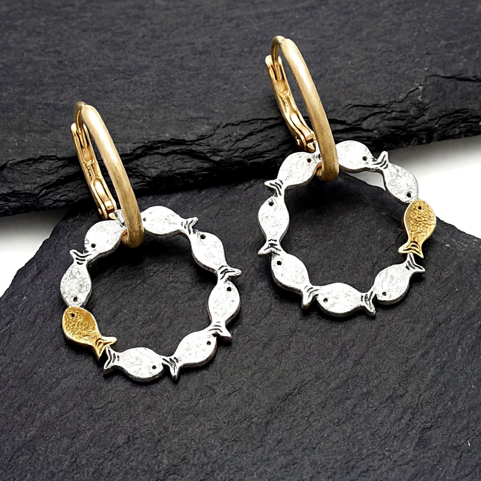 Gegen den Strom Fisch Creolen 925 Silber Gold Vermeil