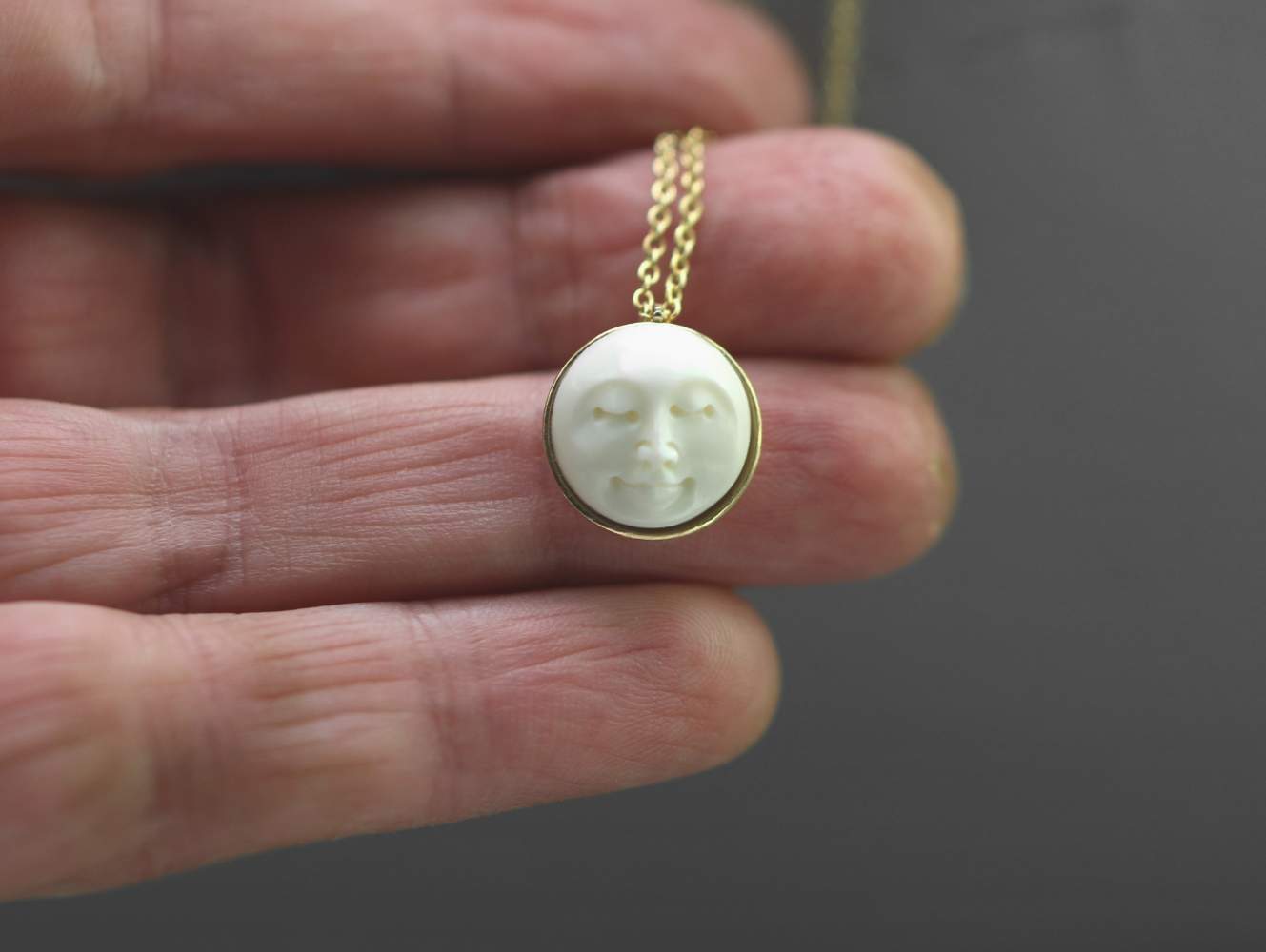 Moon Face necklace. Hand casted full moon in gold setting