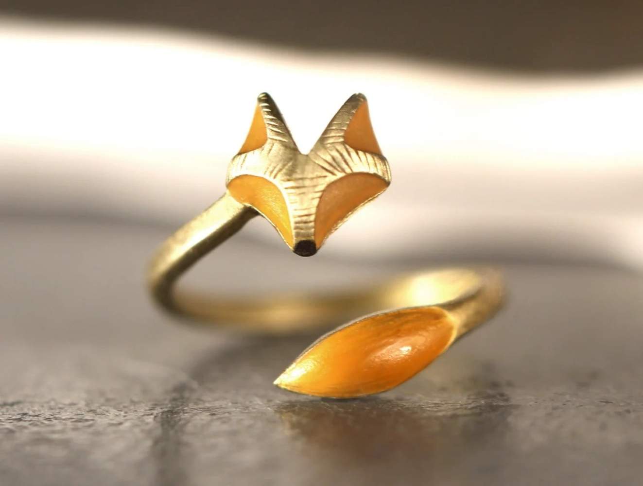 Red fox wrap ring II. Adjustable gold plated ring with fox face and tail