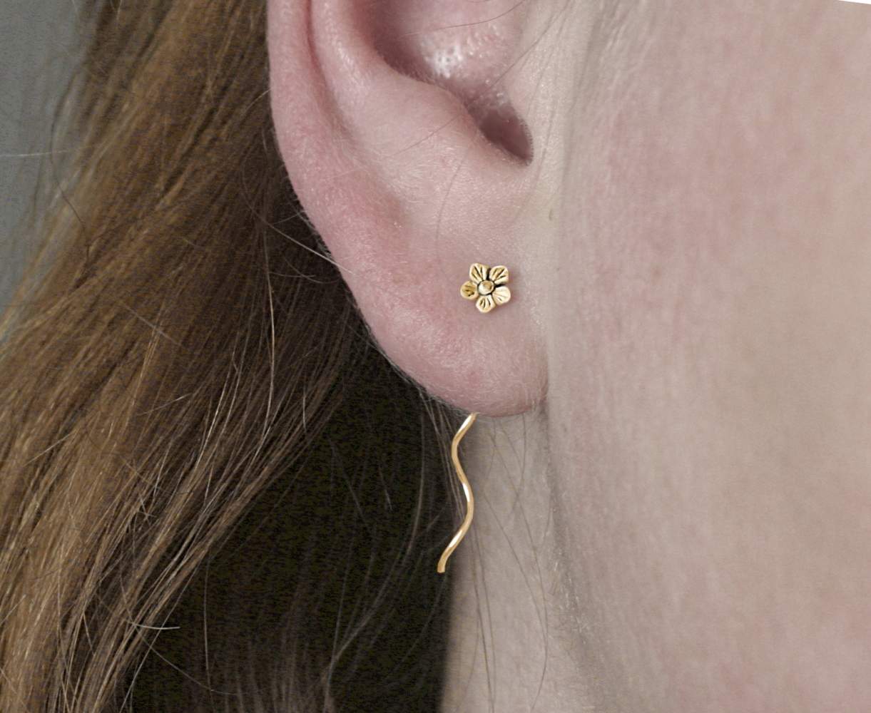Tiny gold flower earrings. Dainty sterling gold plated threader stud earrings. Vermeil quality