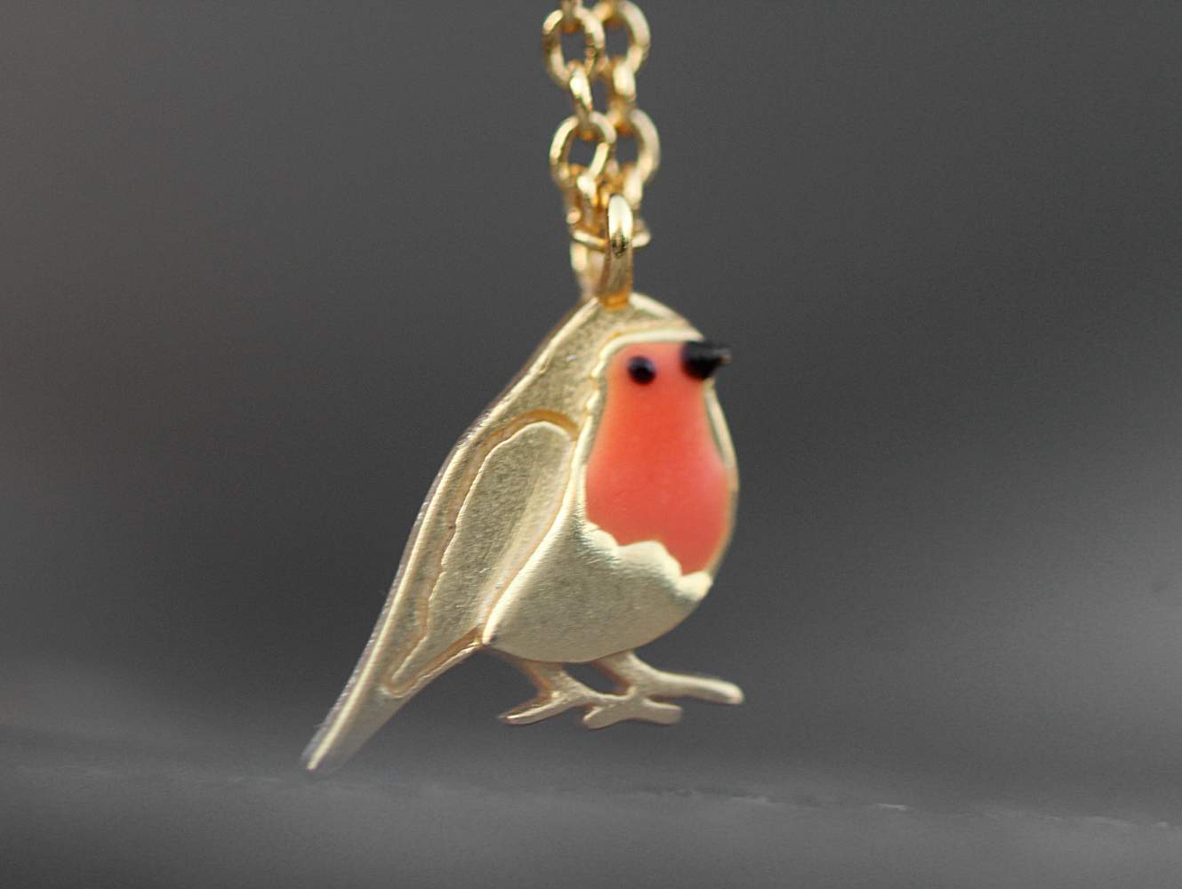 Dainty Robin Bird necklace. Gold plated sterling and orange enamel