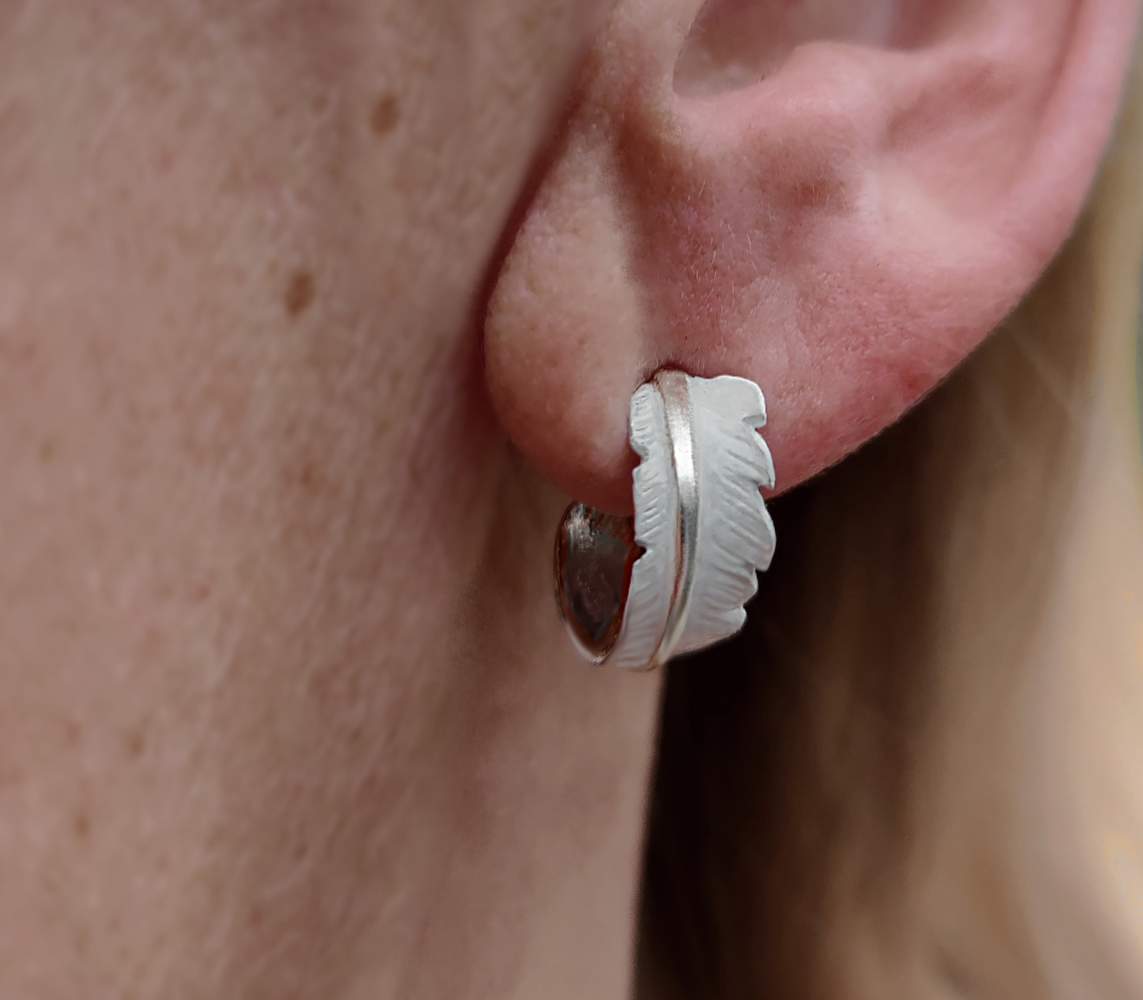Sterling white feather earrings. Silver and enamel. Open hoop stud earrings
