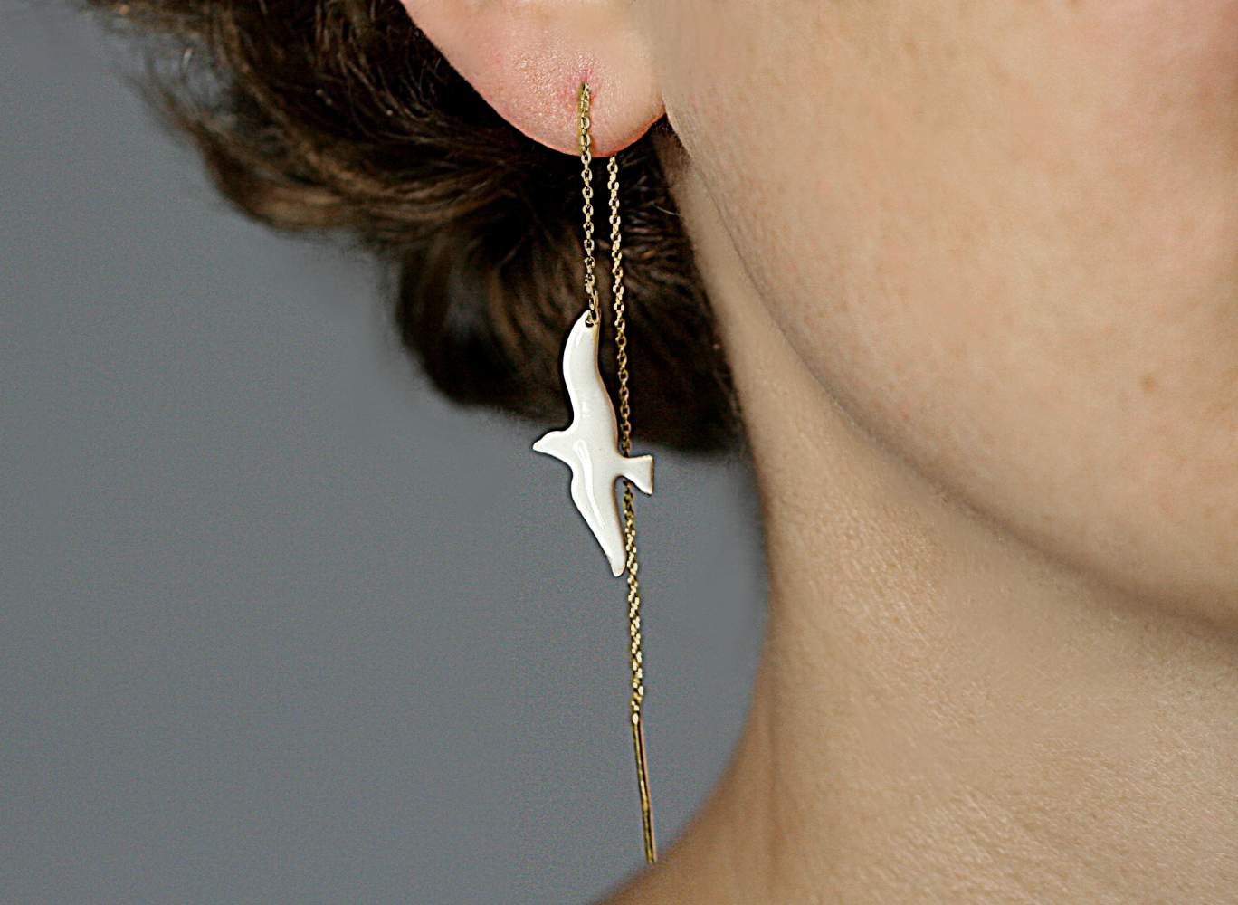 Seagull threader earrings. Gold plated sterling & white enamel. Handmade summer earrings