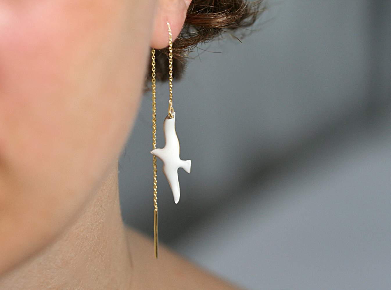 Seagull threader earrings. Gold plated sterling & white enamel. Handmade summer earrings