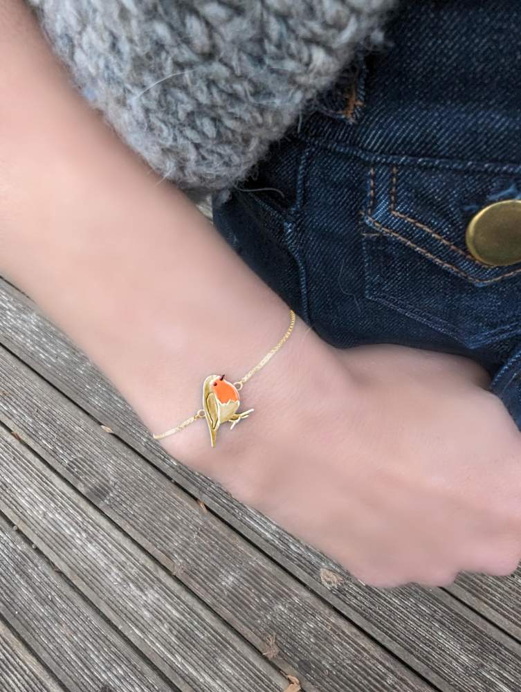 Red robin gold bird slider bracelet. Long lasting gold over sterling and orange enamel. Adjustable