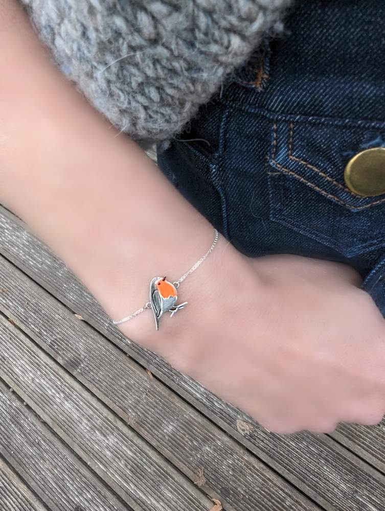 Red robin bird slider bracelet. Sterling Silver and orange enamel