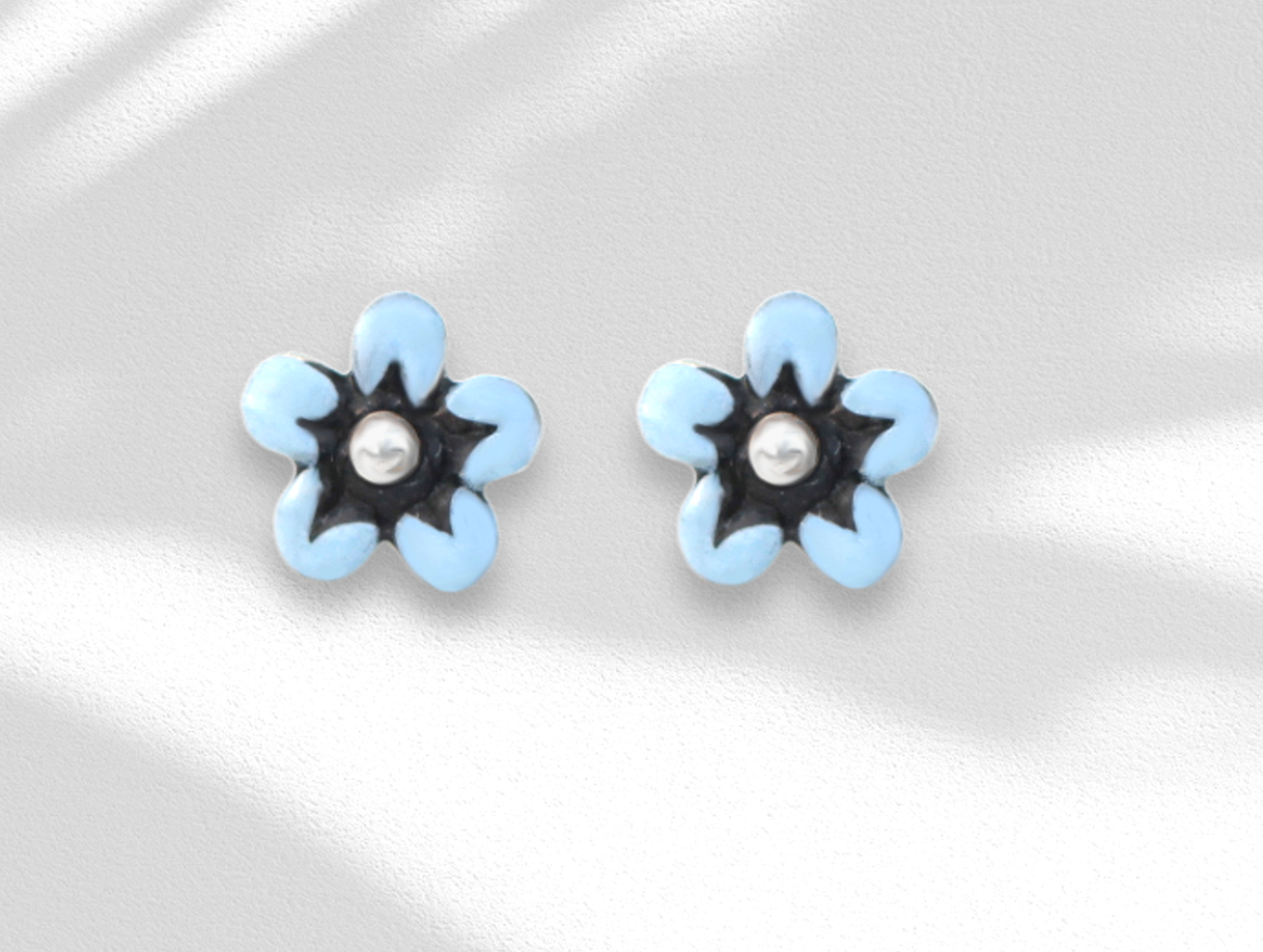Small silver Forget me Not studs. Light BLUE enameld blossom