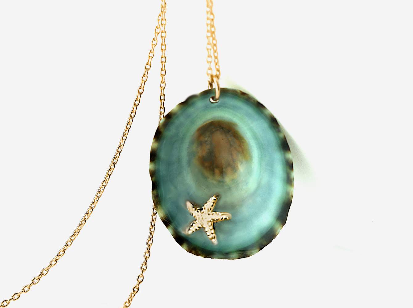 Ocean necklace gold. Tiny starfish in real limpet shell. 18k over sterling