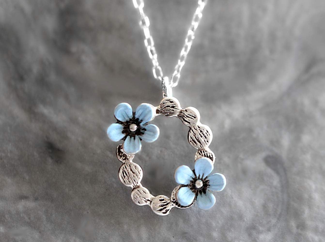 Small Forget me Not wreath necklace. Light blue enamel & 925 sterling silver