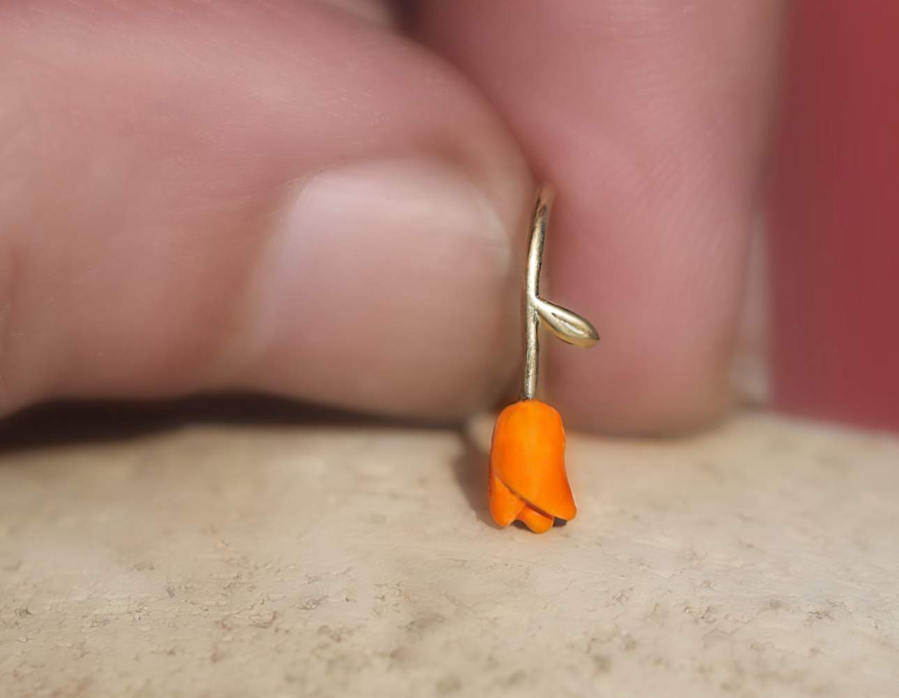 Tiny tulip dangling earrings. 18k vermeil gold over 925 sterling and orange enamel