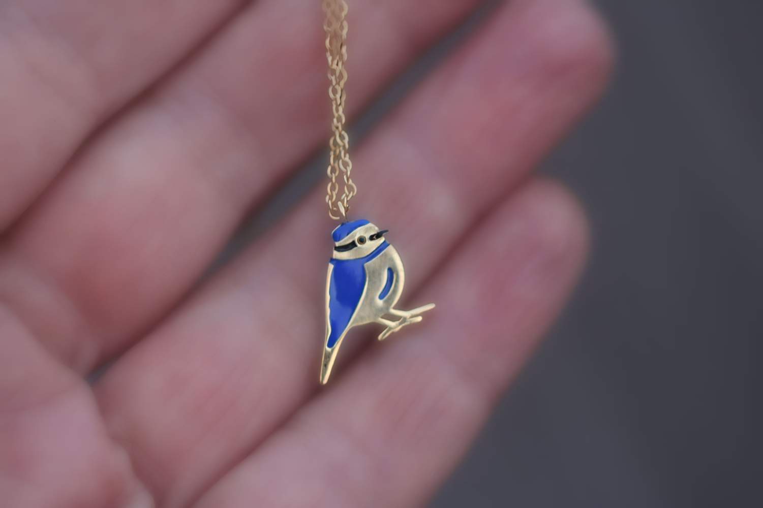 Dainty Blue Tit necklace. Gold plated sterling & blue enamel