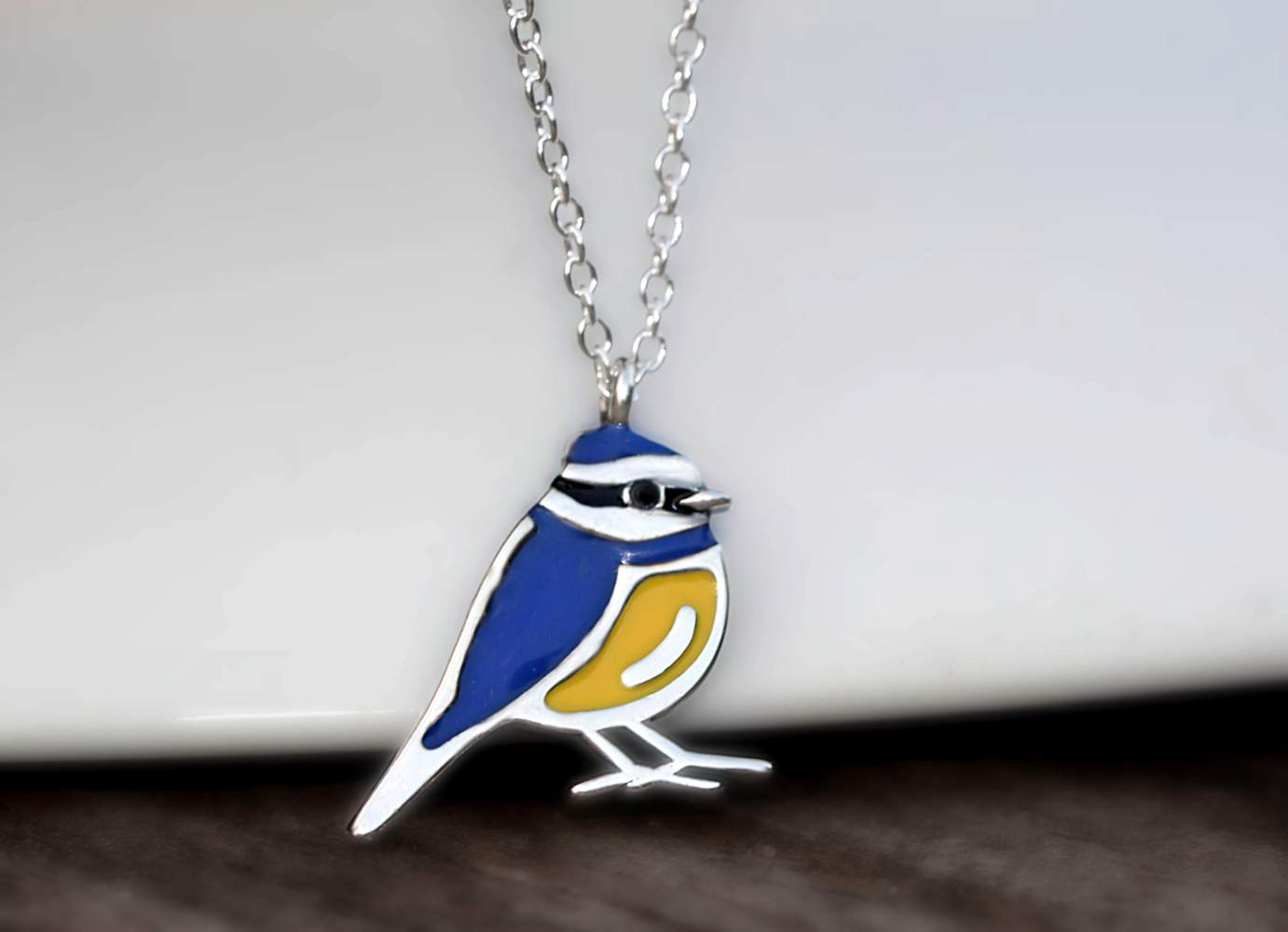 Dainty Blue Tit necklace. Sterling silver & blue and yellow enamel