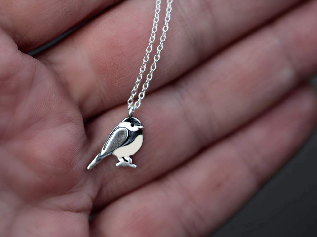 Dainty Chickadee bird necklace. Sterling Silver & beige and white enamel